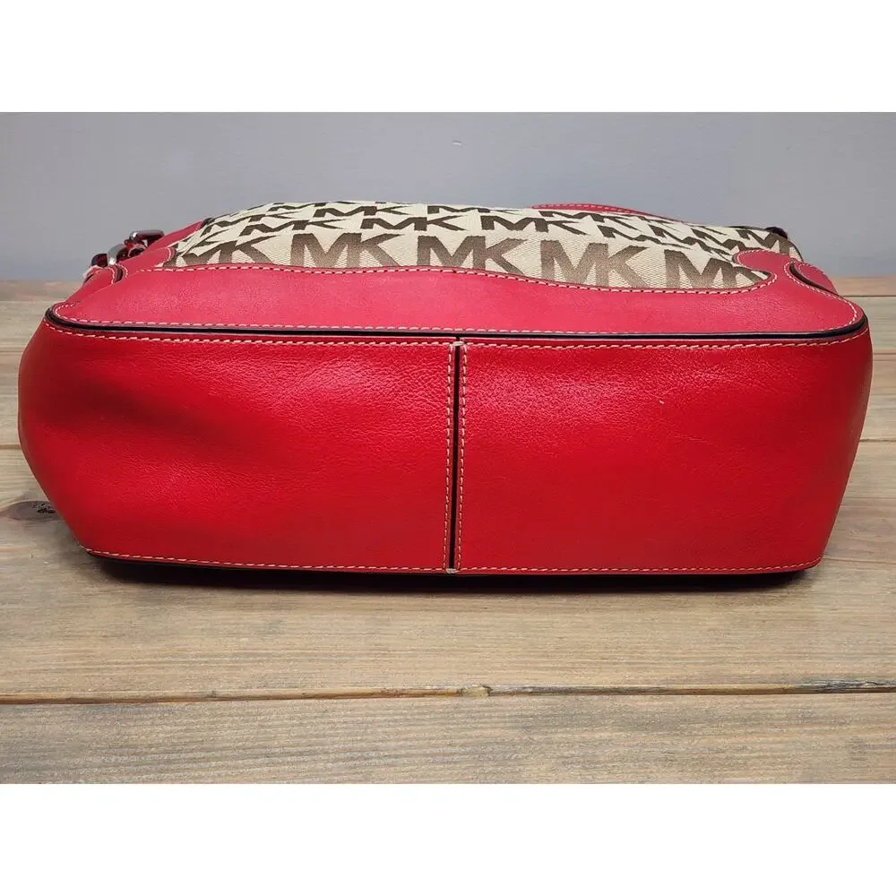 Preowned Michael Kors Brookville Burgundy And Beige Large Shoulder Bag Purse